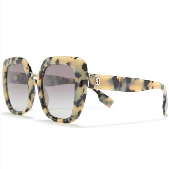 New! Burberry 53mm Charlotte Square Beige Tortoise Grey Gradient Sunglasses - Picture 1 of 15